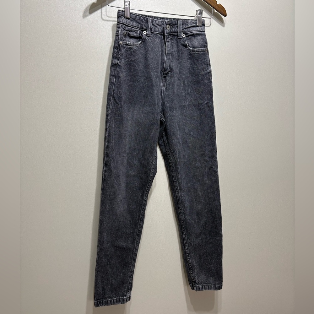 Zara High Rise Waist Straight Leg Fit Denim Jeans Pants Dark Grey